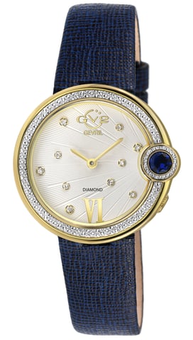 GV2 Women's Perugia Diamond Watch, IPYG Gehäuse, Silber/Weißes Zifferblatt, Echtes Saffiano Lederband blau