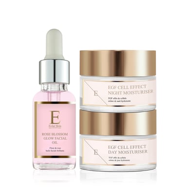 EGF Cell Effect Feuchtigkeitscreme für den Tag + EGF Cell Effect Feuchtigkeitscreme für die Nacht + Rosenblüten-Gesichtsöl 30 ml