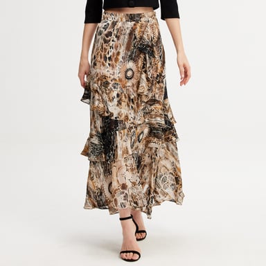 Langer Chiffon-Rock mit Rüschen und Blumendruck