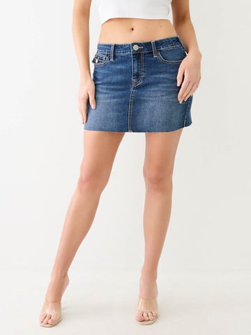 Sadie Single Needle Flap Mini Skirt in Dark Humid Wash