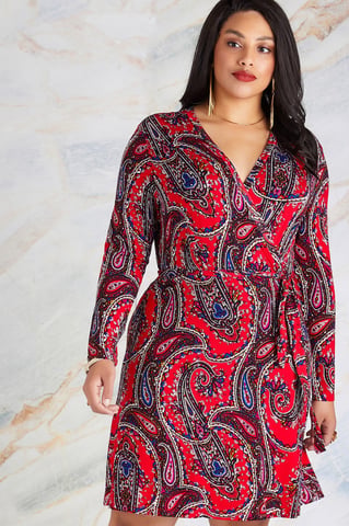 Red Plus Size Paisley Print Wrap Dress