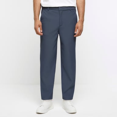 River Island Mens Smart Trousers Blue Tapered Fit Plisse