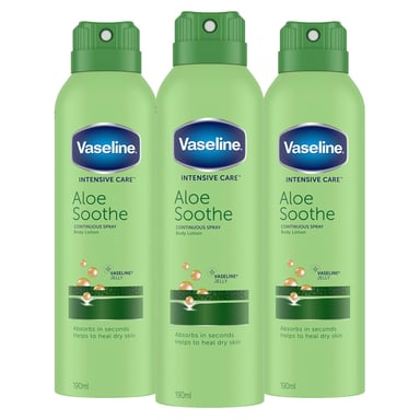 Vaseline Intensive Care Spray Moisturiser Aloe Soothe 190ml, 3 Pack