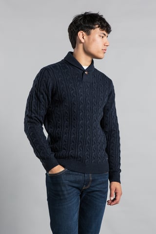 Navy Shawl Neck Cable Knit Jumper