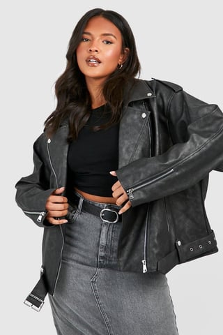 Plus Vintage Wash Pu Oversized Biker Jacket