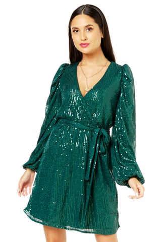 Flaschengrünes Pailletten-Minikleid mit Gürtel und V-Ausschnitt