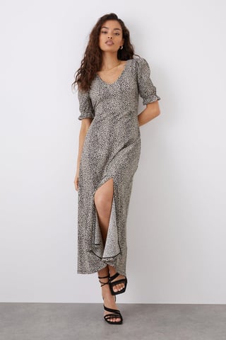 Petite Camel Spot V Neck Midi Dress
