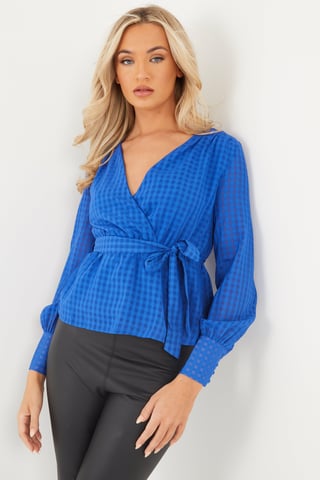 Blue Check Chiffon Wrap Top