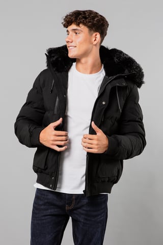 Black Short Padded Parka Jacket With Faux Fur Hood