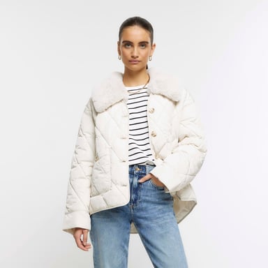 River Island Womens Padded Jacket Cream Faux Fur Collar