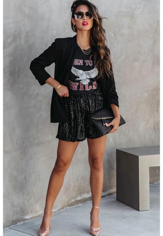 Damen-Shorts mit Pailletten und hoher Taille in Schwarz