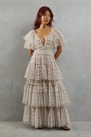 Tulle Spot Plunge Neck Flutter Sleeve Tier Maxi Dress