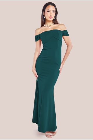 Pleated Bardot Scuba Maxi Dress