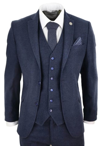 3-teiliger marineblauer Herren-Anzug aus Woll-Tweed im Vintage-Retro-Stil