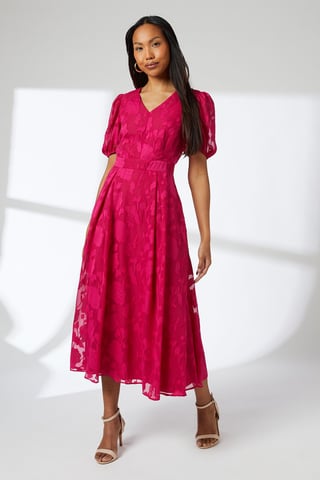 Pink Floral Jacquard Puff Sleeve Midi Dress