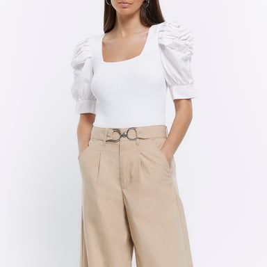 River Island Womens Top White Ruched Short Sleeve