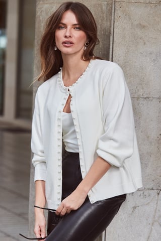Ivory Pearl Embellished Trim Cardigan