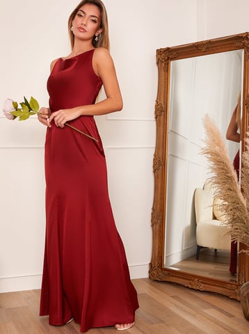 Cowl Neck Satin Slip Maxi Dress in Orange