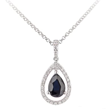 Collier pendentif en forme de goutte d'eau avec saphirs et diamants en or blanc 18 carats