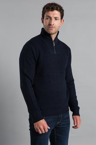 Dark Navy Waffle Knit Jumper With 1/4 Zip Funnel Neck