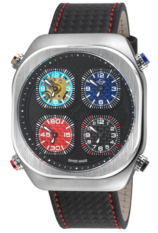 GV2 Herren Quattro Zone, Edelstahlgehäuse, schwarzes Zifferblatt, 4 Zeitzonen, Hilfszifferblatt, schwarz mit blauen und roten Nähten, handgefertigtes italienisches Lederarmband