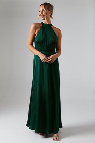 Wrap Waist Detail Satin Halter Neck Bridesmaids Dress