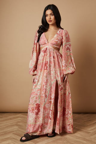Printed Long Sleeve Cut Out Side Detail Maxi Dress