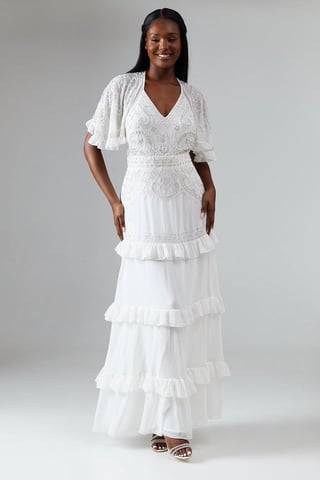 Cape Sleeve Tiered Embellished Wedding Dress