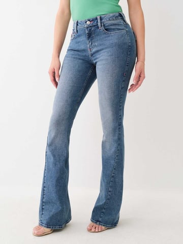 Joey Single Needle Mid Rise Flap Flare in Medium Sunkissed Wash