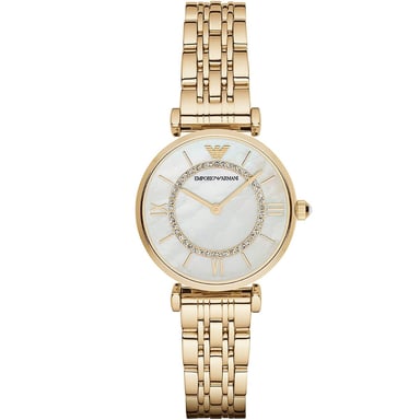 Stilvolle Uhr der Marke Emporio Armani in der Farbe Gold. Die Uhr ist aus rostfreiem Stahl gefertigt. Das Armband ist ebenfalls aus Edelstahl, hat eine Faltschließe und kann kleiner gemacht werden. Das Gehäuse der Uhr hat einen Durchmesser von 32 mm. Mar