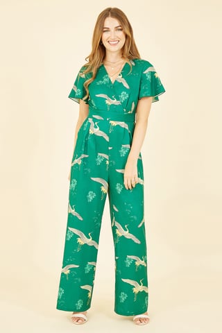 Yumi Green Crane Print Angel Sleeve Jumpsuit