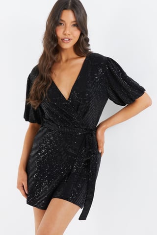 Black Sequin Wrap Playsuit