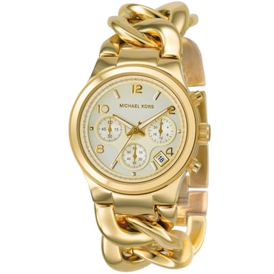 Robuste und stilvolle Damenuhr der Marke Michael Kors in der Farbe Gold. Die Uhr ist aus rostfreiem Stahl gefertigt. Das Armband ist ebenfalls aus Edelstahl, hat eine Faltschließe und kann kleiner gemacht werden. Das Gehäuse der Uhr hat einen Durchmesser