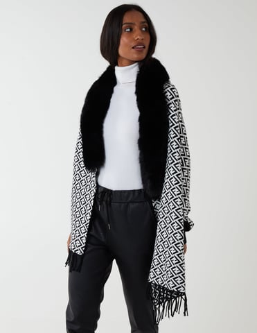 Faux Fur Lined Monogram Poncho