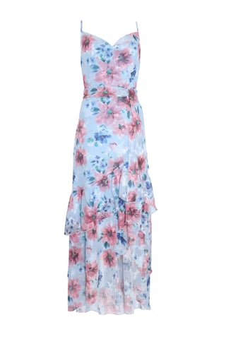 Blue Chiffon Floral Ruffle Maxi Dress