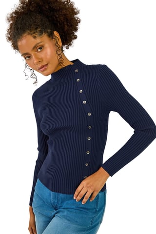 High Neck Button Detail Rib Jumper