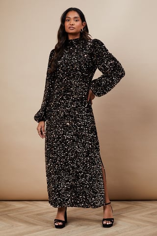 Occasion Velvet Sequin High Neck Midi Dress