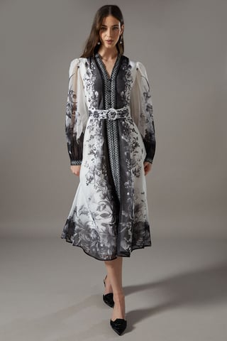 Boarder Printed Organza Shirt Dress