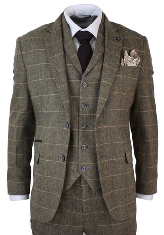 3-teiliger klassischer Tweed-Anzug mit Fischgrätenmuster in Hellbraun und Braun für Herren