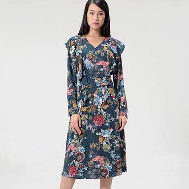 Ausgestelltes Midikleid mit Blumendruck