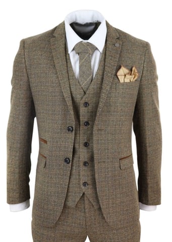 Herren 3-teiliges braunes Tweedkaromuster Vintage Retro Anzug