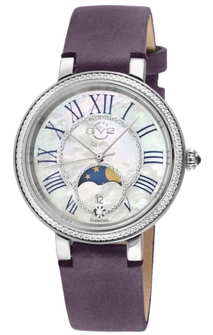 GV2 Damen Genua SS Gehäuse, weißes MOP Zifferblatt, authentische handgefertigte Pflaume Lederband Uhr