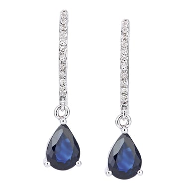 Boucles d'oreilles pendantes en or blanc 18 carats avec diamants et saphirs