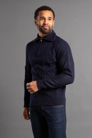 Dark Navy Cable Knit Jumper With 1/4 Zip Collar