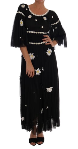 Dolce & Gabbana - Robe en soie noire brodée de marguerites pour femme