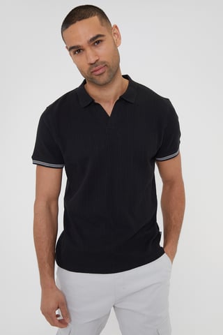 Black 'Tucson' Textured Knit Open Collar Polo Shirt