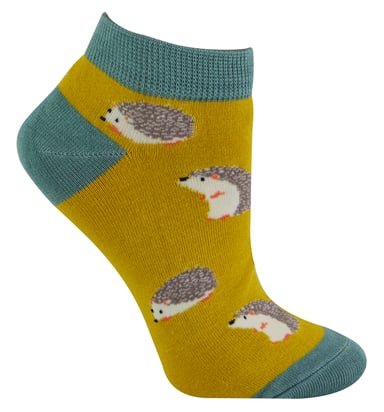 Damen Bambus Trainer Socken | Miss Sparrow | Atmungsaktive Low Cut Socken für Frauen - Igel (Gelb)