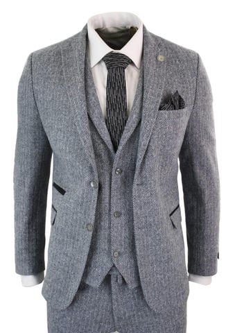 Dreiteiliger grauer Fischgräten-Tweed-Anzug für Herren
