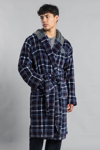 Navy Hooded Check Dressing Gown