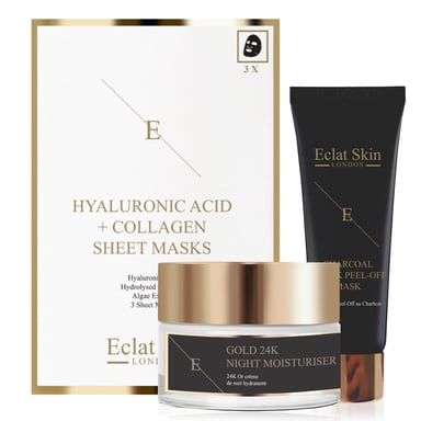 Hydratant de nuit anti-rides Or 24 carats + Masque visage peel-off + Masque acide hyaluronique et collagène - 3 feuilles